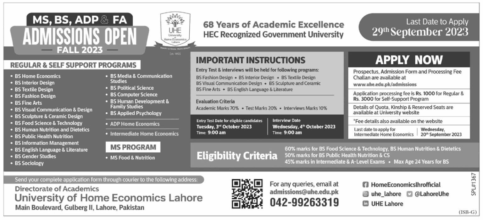 University of Home Economics Lahore New Admissions 2023