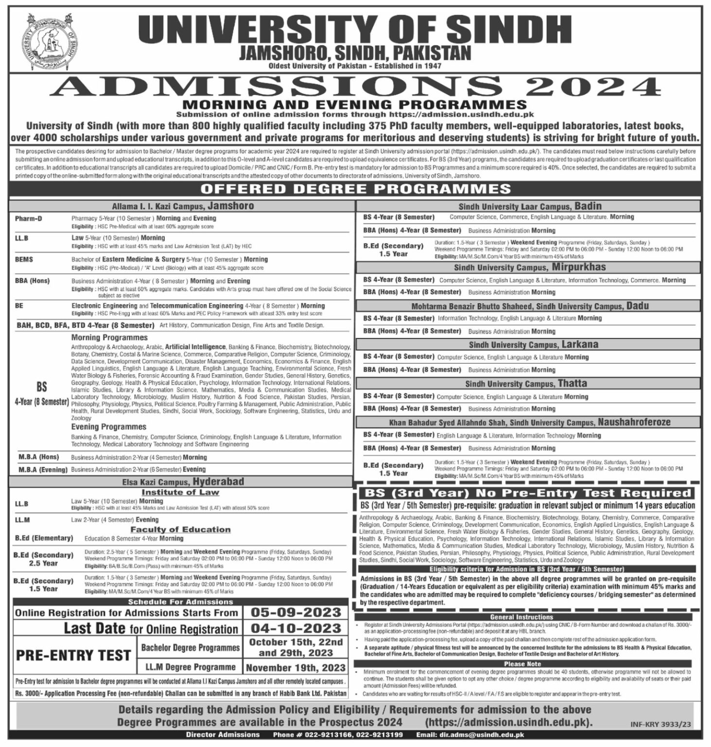University of Sindh UOS Admissions Latest 2024