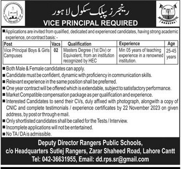 Rangers Public School Lahore Vice Principal Jobs 2023